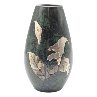 Takaoka Japanese Copperware Vase With Silver Lilies – Mid Century Modern Form, Toyama For Sale