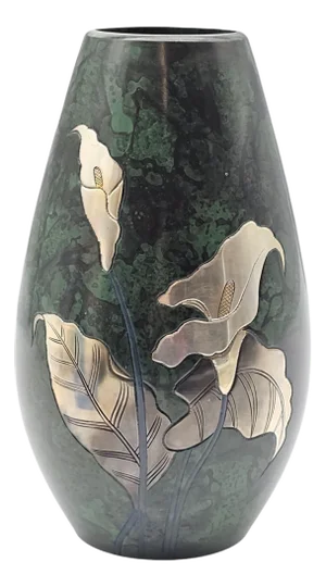 Takaoka Japanese Copperware Vase With Silver Lilies – Mid Century Modern Form, Toyama