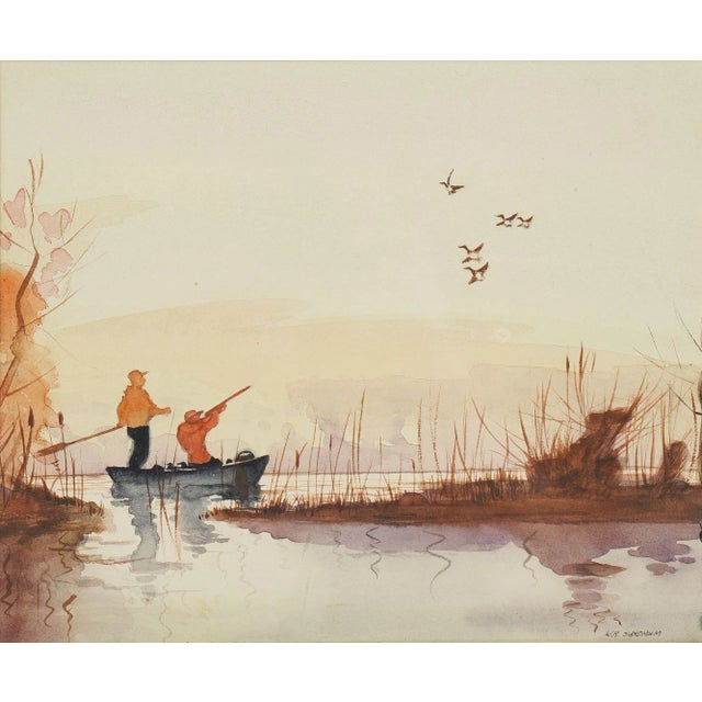Contemporary Watercolor of Duck Hunters on a Punt by w.r. Sundholm For Sale - Image 3 of 8