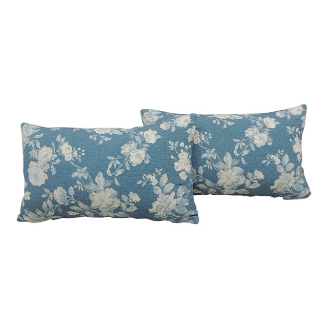 Blue and White Floral Decorative Lumbar Pillows From Portugal - Set of 2 For Sale
