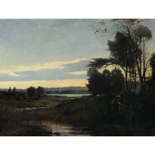 N. Junod, Voiliers sur le lac dans un paysage animé, 1898, Oil on Canvas For Sale - Image 7 of 7