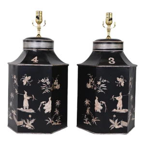 Pair of Vintage British Chinoiserie Black and White Hexagonal Hand-Painted Tolle Tea Can Table Lamps