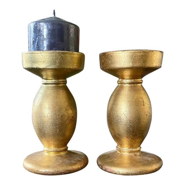 Pair of Vintage Italian Gilt Ceramic Candlestick Holders For Sale