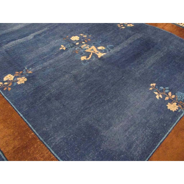 1900s Navy Blue Floral Antique Chinese Peking Rug 8'3" X 9'9" Handknotted Wool Carpet For Sale - Image 4 of 6