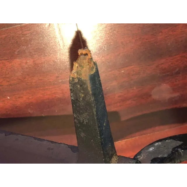 1900 - 1909 Antique Mission Arts Crafts Enameled Cast Iron Brass Industrial Hammered Fireplace Andiron Set For Sale - Image 5 of 7