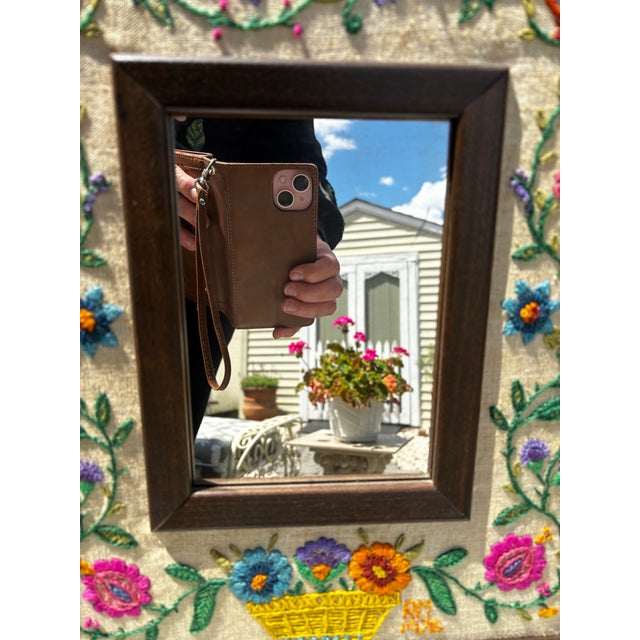 1976 Vibrant Crewel Embroidered Framed Mirror For Sale - Image 4 of 9