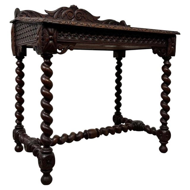 19th Antique Century English Victorian Carved Oak Writing Table with Leather Top For Sale - Image 5 of 11