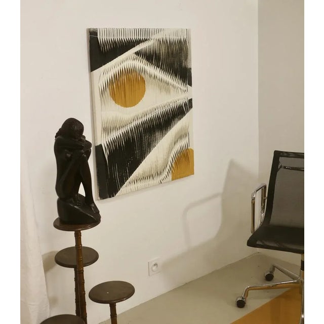 Textile Sculpture Board with Wave and Relief Effect in Charcoal and Yellow Shades For Sale - Image 9 of 13