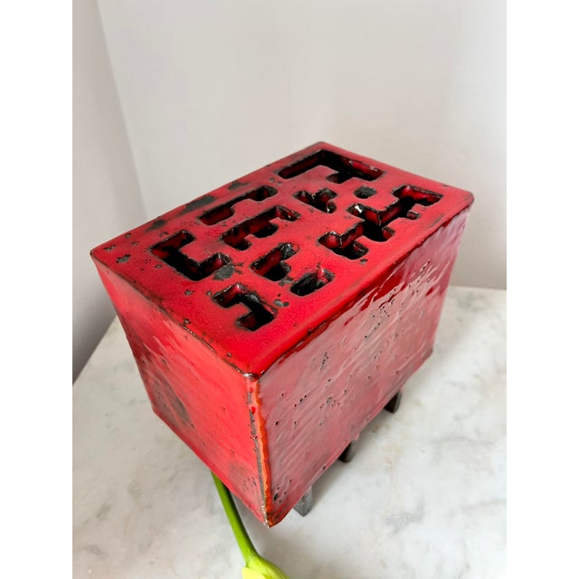 Ceramic Asian Style Red Ceramic Flower Vase with Floral Insert Holes, 1970s For Sale - Image 7 of 11