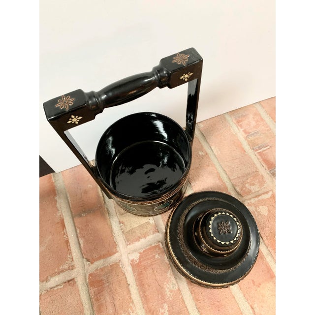 Black Vintage Burmese Lacquered Tiffin Food Carrier / Stacking Lunch Box For Sale - Image 8 of 12
