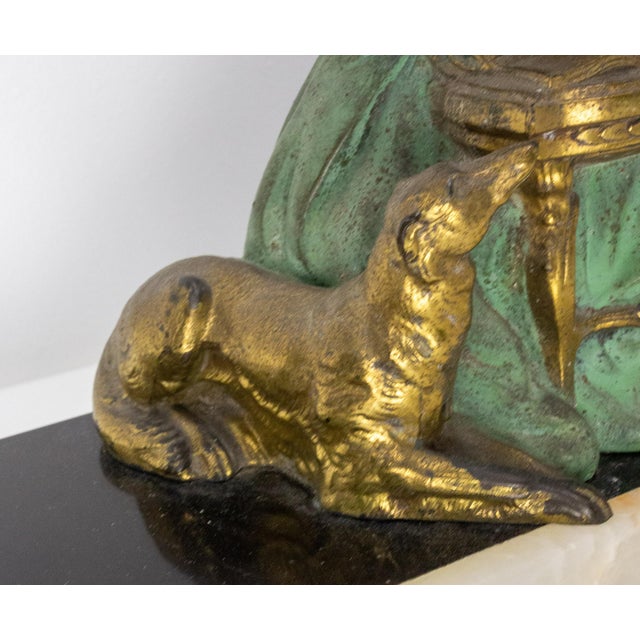 Cream French Art Deco Onyx & Polychrome Pewter Reading Woman with Dog, 1930 For Sale - Image 8 of 9