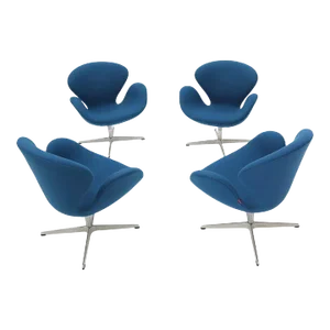 Late 20th Century Set of 4 Arne Jacobsen Fritz Hansen Blue Boiled Wood Upholstery Swan Chairs
