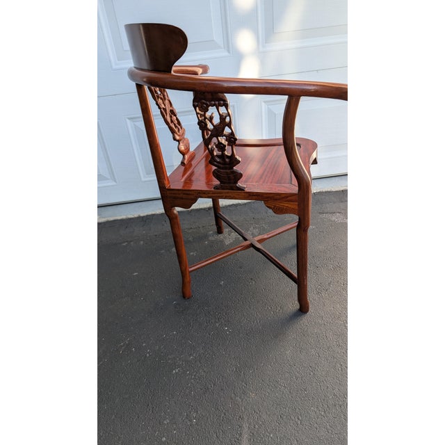Traditional 1960s Hand-Carved Rosewood Horseshoe Corner Chair For Sale - Image 3 of 8