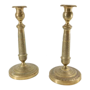 19th Century Pair of Charles X Bronze Candlesticks With Geometric Patterns