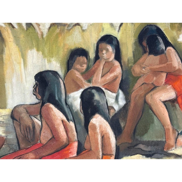 Bold 1960 Oil Painting by Leontine – “Tribal Women in Daily Life” – Large, Vibrant, and Framed For Sale - Image 4 of 5