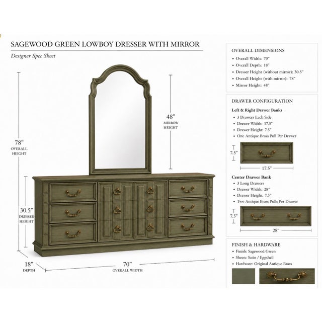 Vintage 70” Solid Wood Dresser & Mirror – Old Chapel Sagewood™ Finish – Olive Sage Green Designer Refinished Bedroom Piece For Sale In Los Angeles - Image 6 of 11