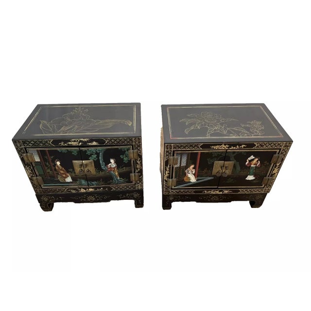 Chinese 1950s Pair Mid Century Stacking Chinoiserie Bedside Cabinets Nightstands Six Pieces Chinese For Sale - Image 3 of 12