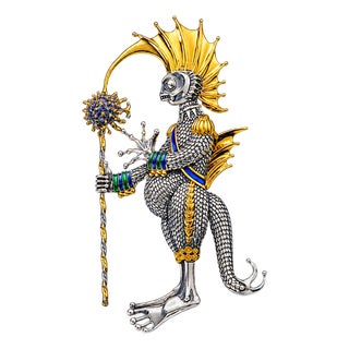 Sterling Silver 22K Gilded Aquatic Warrior Mihail Chemiakin Brooch Pin For Sale