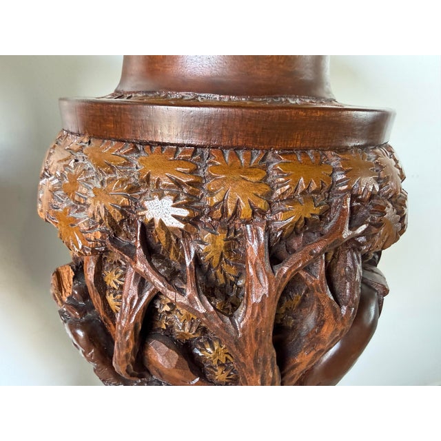 Vintage Handcrafted - Intricate Wildlife Relief Carvings Asian Teak Wood Floor Vases – Pair For Sale In Miami - Image 6 of 12