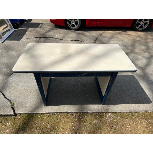 Vintage Industrial Steel Work Desk With Blue Frame and White Formica Top For Sale - Image 4 of 9