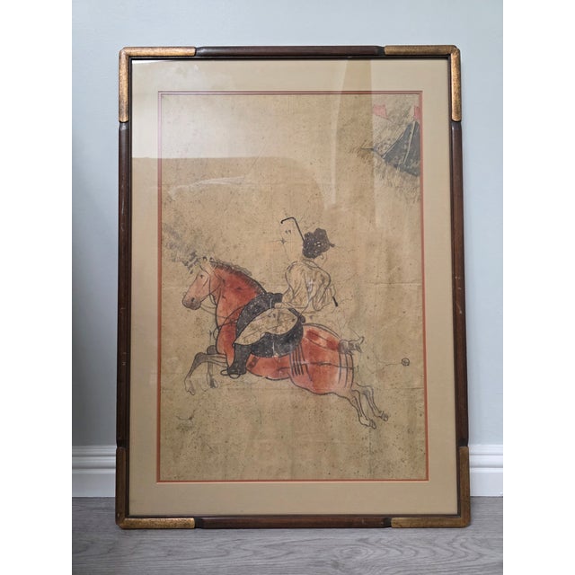Late 20th Century Tang Dynasty Wall Painting Replica - Polo Rider, Classic Piece With Aged Paper and Handcrafted Wooden Frame" For Sale - Image 4 of 12