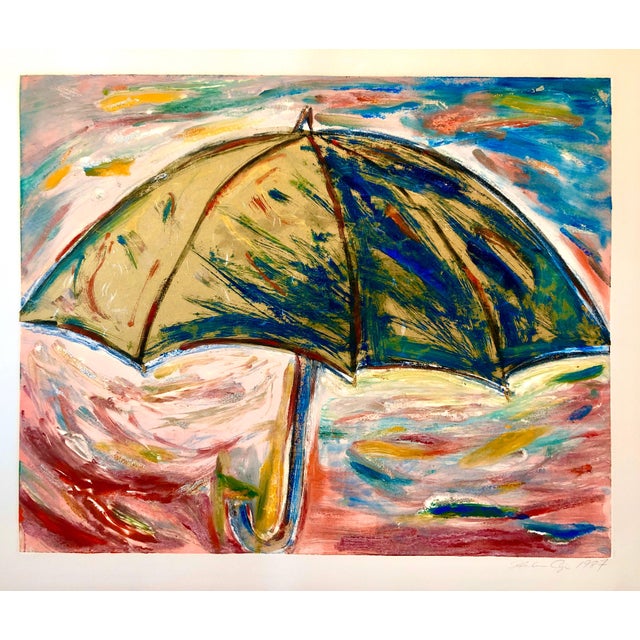 Helen Oji, Umbrella, Monotype with Hand Painting, Glitter, Asian American Art, Woman Artist, 1987 For Sale