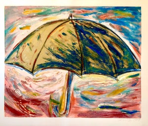 Helen Oji, Umbrella, Monotype with Hand Painting, Glitter, Asian American Art, Woman Artist, 1987
