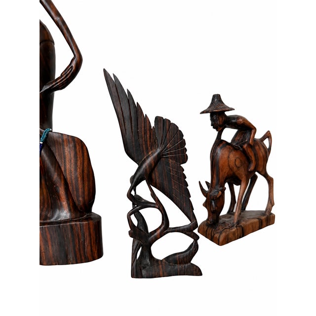 Vintage Balinese-Style Carved Wood Figurative and Bird Sculptures — Set of 4 For Sale - Image 10 of 10