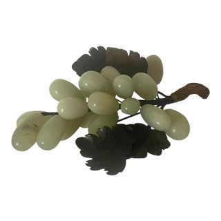 Vintage Hand-Carved Jade Grapes Cluster With Stone Leaves For Sale