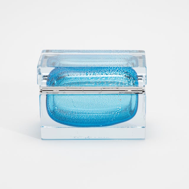 Hand-Blown Murano Box in Aqua Blue With Silver Flecks and Chrome Fittings For Sale - Image 9 of 10