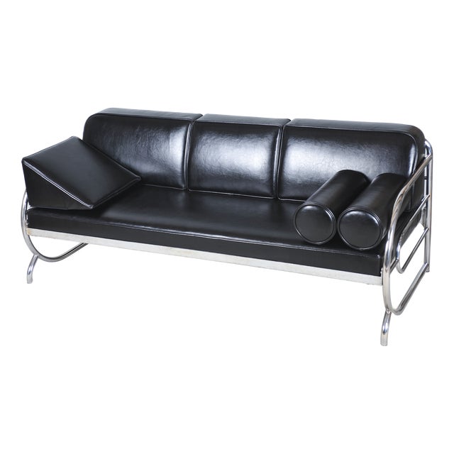Bauhaus Sofa in Chrome, Steel and Leather attributed to Robert Slezak, Czech, 1930s For Sale