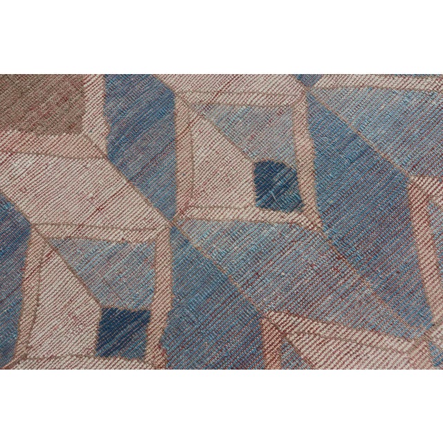 Mid 20th Century Square Vintage Turkish Oushak Kars Rug in Modern Design With Blue and Light Brown Colors For Sale - Image 11 of 12