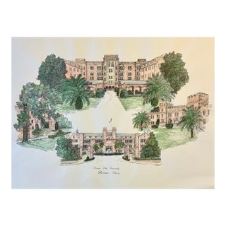 1980s Florida State University (Tallahassee) Campus Print by Liz Bryant – Hand-Colored Architectural Illustration, 24” X 18” For Sale
