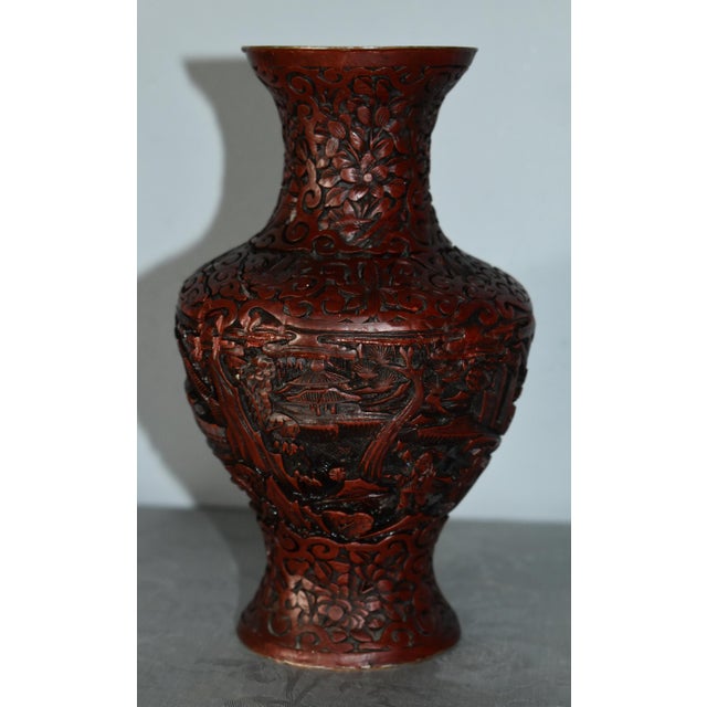 Metal Antique Carved Chinese Figural Cinnabar Vase For Sale - Image 7 of 12