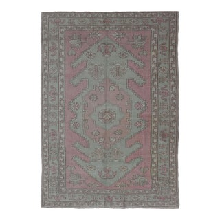 Turkish Oushak Rug in Soft Rose and Sage Green With Geometric 6'6 X 9'9 For Sale