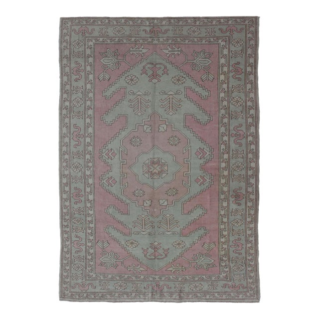 Turkish Oushak Rug in Soft Rose and Sage Green With Geometric 6'6 X 9'9 For Sale