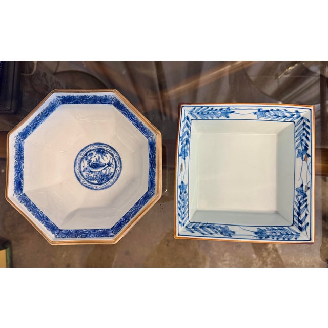 Beautifully pair of mismatched square and octagonal shape, hand crafted blue and white Japanese high quality porcelain...
