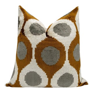 Handmade Velvet Throw Pillow With Mustard and Grey Geometric Design & Down Feather Insert For Sale