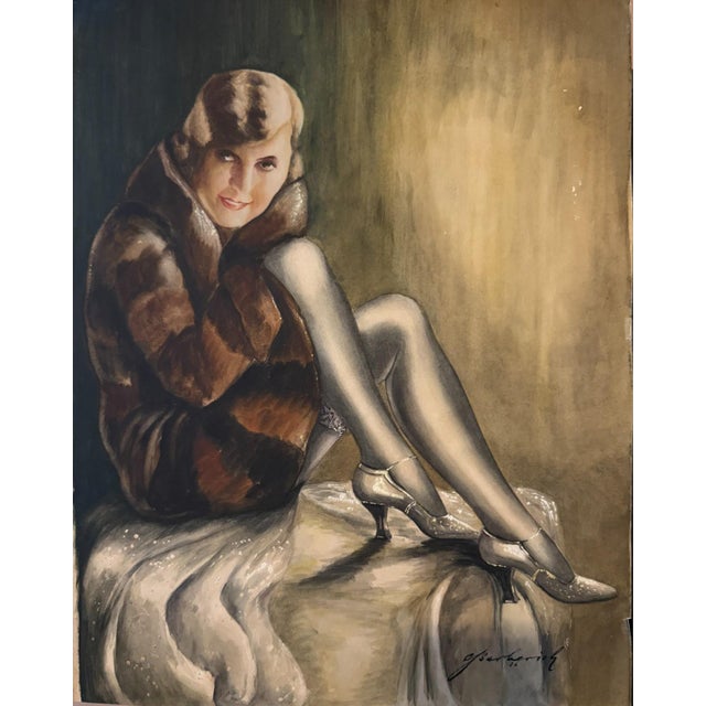 Carl H. Berberich, Lady on Cushion, Verso Lady in Fur Coat, Nude, 1926, Gouache, in Very Good conditions. Designed 1920 to...