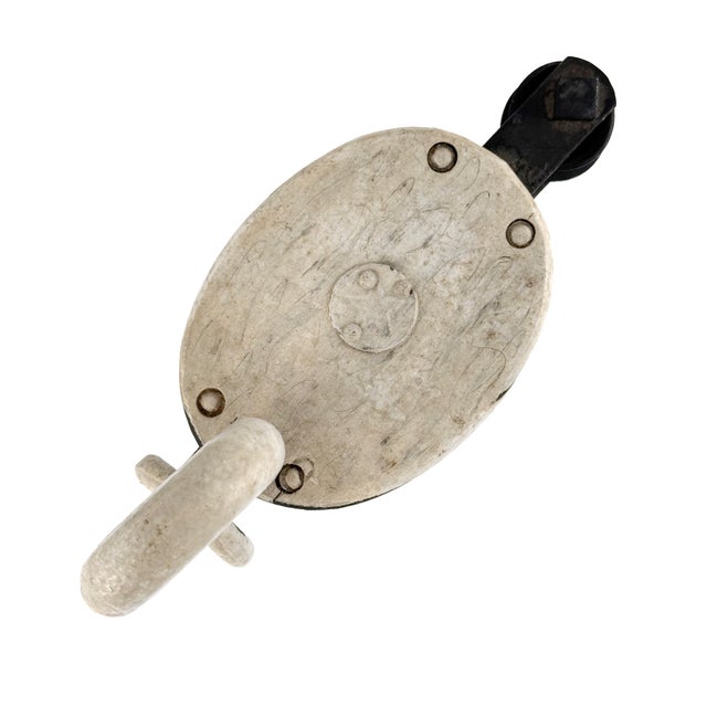 Black Vintage 1950s Folk Art Swan Painted Black & White Industrial Starline Wood Pulley For Sale - Image 8 of 11