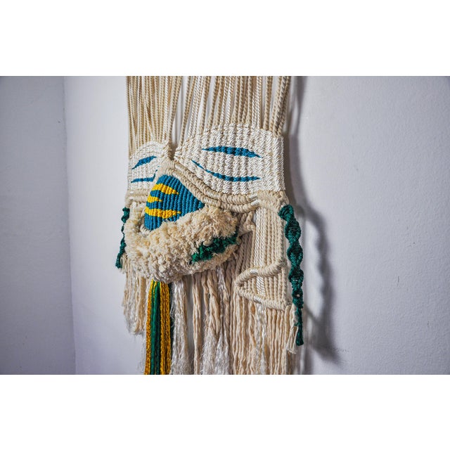 1970s Yellow and Blue Textured Macrame Wall Tapestry, 1970s For Sale - Image 5 of 9