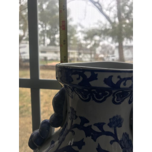 Chinoiserie Large 14" Vintage Chinoiserie Blue & White Lotus Vases With Foo Dog Handles – Pair For Sale - Image 3 of 8