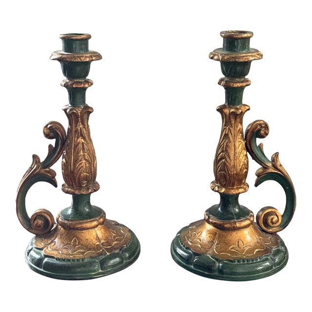 Italian Florentine Style Green and Gold Candle Holders--a Pair For Sale