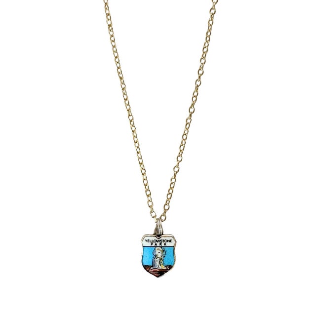 Mid-Century Modern Wyoming Yellowstone National Park Fritz Reu Sterling Silver Enamel Vintage Charm on 18 Inch Gold Filled Necklace For Sale - Image 3 of 5