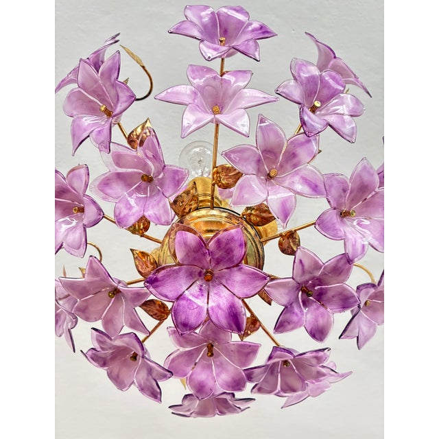 Purple 1980s Italian Style Hand-Painted Pink and Purple Murano Glass Floral Chandelier - 4-Light⁠ For Sale - Image 8 of 18