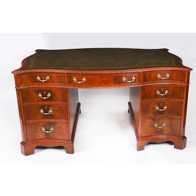 Antique 20th Century Flame Mahogany Serpentine Partners Pedestal Desk, 1890s For Sale - Image 18 of 18