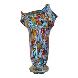 Vintage Murano Style Millefiori Fazzoletto Handkerchief Glass Vase For Sale
