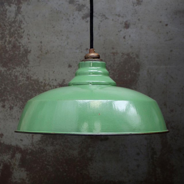 French industrial factory pendant light green enamel, white interior. brass top E27 / E26 Up to 250V (Europe/UK...