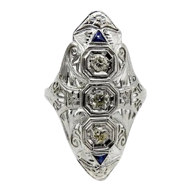 Art Deco 18K White Gold Diamond and Sapphire Ring Size 7.75 For Sale