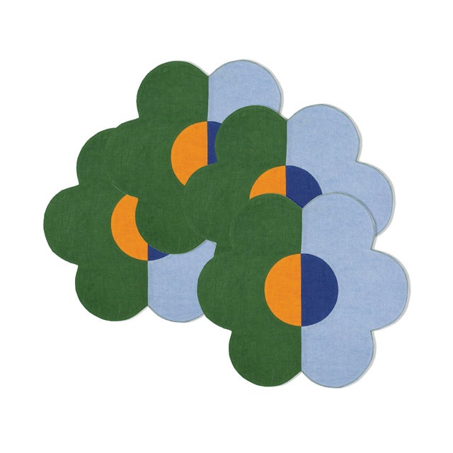 Abstract Expressionism Floral Green/Blue Linen Patchwork Placemats, Set of 4 For Sale - Image 3 of 3